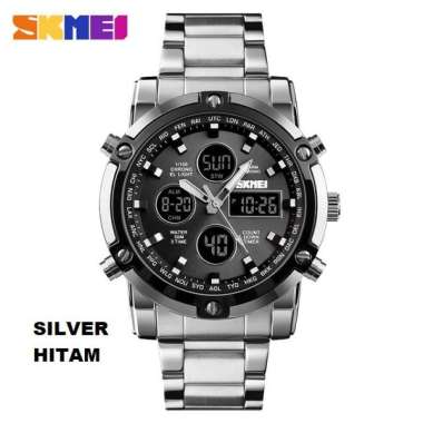 Jam tangan pria Skmei 1389 Dual Time Silver Hitam