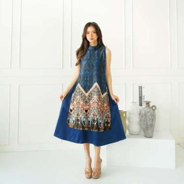 EF716 DRESS CHEONGSAM IMLEK QIPAO SANGJIT BATIK DRESS SATIN PRINTING MOTIF BURUNG DRESS TBP_NAVY