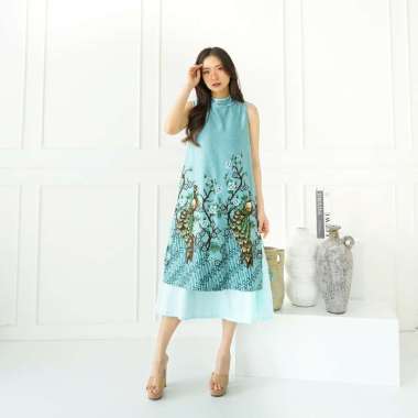 EF716 DRESS CHEONGSAM IMLEK QIPAO SANGJIT BATIK DRESS SATIN PRINTING MOTIF BURUNG DRESS BCY_BLUE