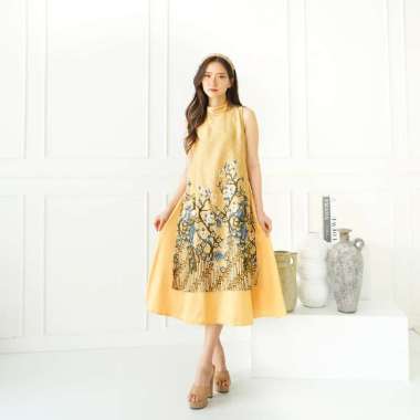 EF716 DRESS CHEONGSAM IMLEK QIPAO SANGJIT BATIK DRESS SATIN PRINTING MOTIF BURUNG DRESS BCY_YELLOW