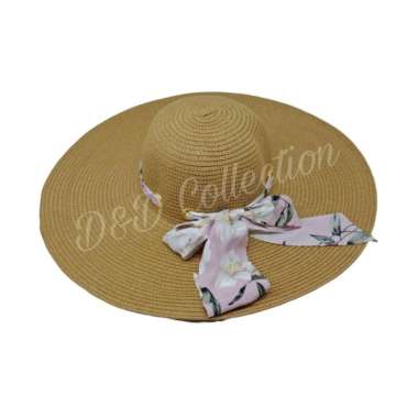 VERISH Topi Pantai Import Lebar Pita Syal Bunga Topi Wanita lebar Topipantaibdg Khaki