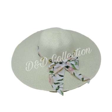 VERISH Topi Pantai Import Lebar Pita Syal Bunga Topi Wanita lebar Topipantaibdg Ivory
