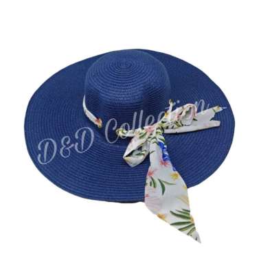 VERISH Topi Pantai Import Lebar Pita Syal Bunga Topi Wanita lebar Topipantaibdg Navy