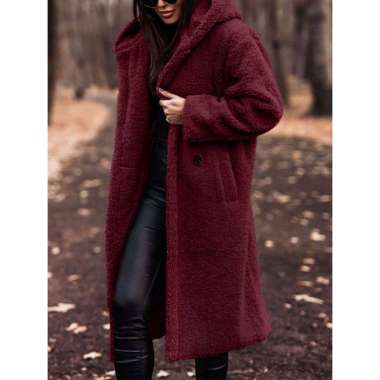 VERISH Jaket Jubah Bulu Tebal Musim Dingin Pria Wanita Style Korean XXL Anggur Merah