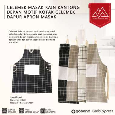 CELEMEK MASAK KAIN KANTONG DEPAN MOTIF KOTAK CELEMEK DAPUR APRON MASAK hitam