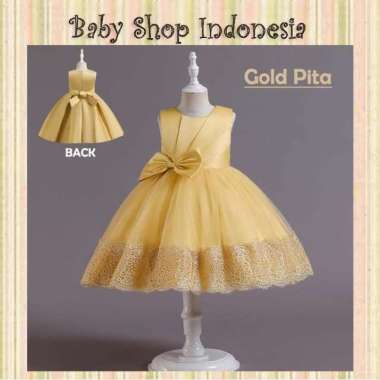 Dress Gaun Pesta Anak Import Cross Shoulder Beads Gold Big Bow 110 Gold Pita