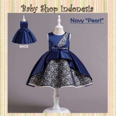 Dress Gaun Pesta Anak Import Cross Shoulder Beads Gold Big Bow 120 Navy Pearl