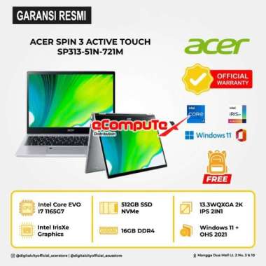 LAPTOP ACER SPIN 3 ACTIVE SP313 51N 721M i7-1165G7 RAM 16GB 512GB 13.3"IPS RESMI