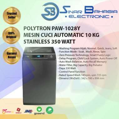 POLYTRON PAW-1028Y MESIN CUCI AUTOMATIC 10 KG STAINLESS 330 WATT (NEW) (KHUSUS BANDUNG)