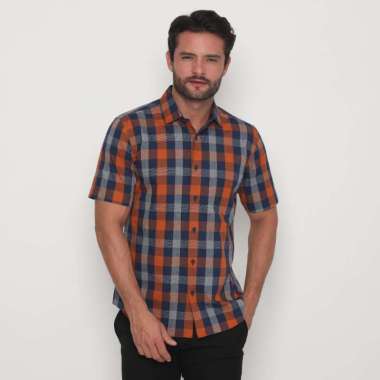Platini Kemeja Kotak Pria Lengan Pendek Katun Orange 73385 M