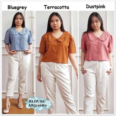 AB511680 Baju Atasan Kemeja Lengan Pendek Blouse Wanita Korea Merah Hijau Sage Biru Pink Green Blue Orange Oren Bata