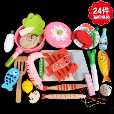 toywoo wooden toy seafood set mainan edukasi kayu masak potong cutting Multicolor