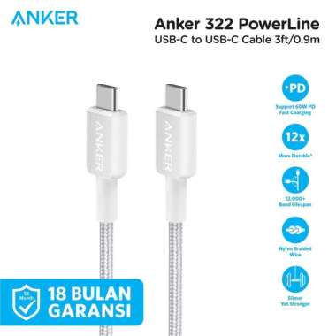 Kabel Charger Anker 322 USB-C to USB-C Cable 3ft Braided - A81F5 A81F6 A81F5 3ft Putih
