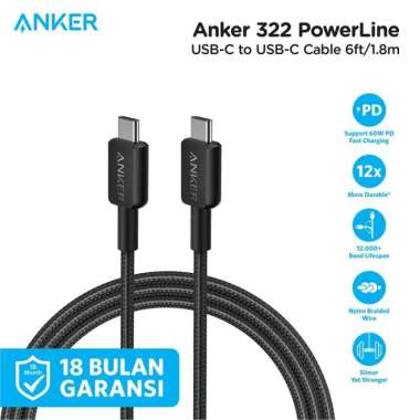 Kabel Charger Anker 322 USB-C to USB-C Cable 3ft Braided - A81F5 A81F6 A81F6 6ft Hitam