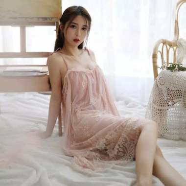 baju tidur wanita/cewek/sexy transparan daster Bali dress santai Merah Muda M