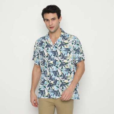 Platini Baju Kemeja Motif Hawai Pria Lengan Pendek Katun Rayon Biru 73443 L