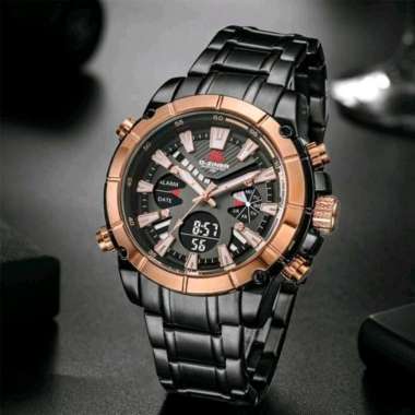 Jam Tangan Dualtime Dziner 8258, Strap Rantai Stainless Hitam List Gold