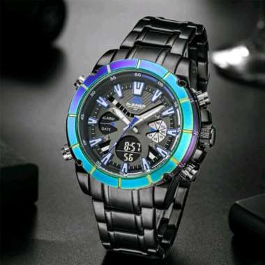 Jam Tangan Dualtime Dziner 8258, Strap Rantai Stainless Hitam List Biru