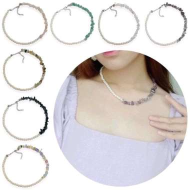Fiolla Quartz Crystal Pearl Asymetric Necklace Kalung Choker Mutiara Batu Alam Asimetri NL Fiolla Ro