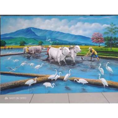 lukisan sapi bajak sawah 90x140cm Multicolor