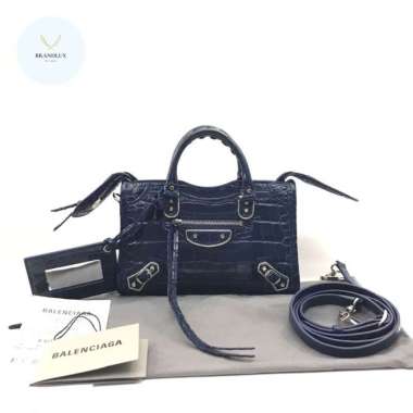 BALENCIAGA Nano city edge croco Navy dark blue SHW- 100% Authentic