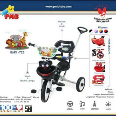 Sepeda Anak Roda Tiga PMB 723 Nikel Musik Lampu Stir Dorongan Belakang