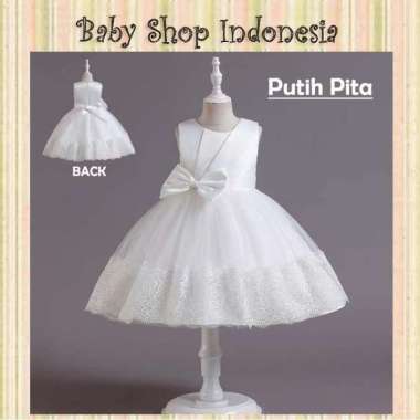 Dress Gaun Pesta Anak Import Cross Shoulder Beads Gold Big Bow 110 Putih Pita