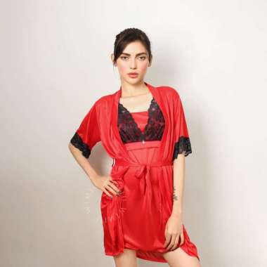 Wimiu Kimono Baju Tidur Kimono Brokat Sleepwear Terusan Night Gown Wanita Perempuan 000201 Red