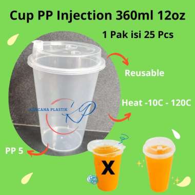 Gelas PP Injection 12oz Datar 360ml ( Cup+Lid+Stopper Bening / 25 Pcs ) BENING