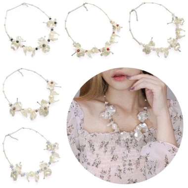 Ophelia Flowery Pearl Necklace Kalung Crystal Panjang Mutiara Hijab Bunga Blue