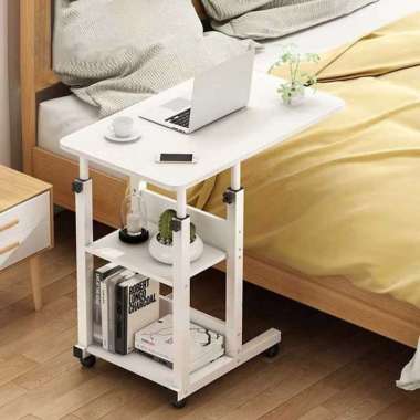 Rak Meja Laptop Kasur Portable - Meja Belajar Stand Kamar Roda Tinggi Adjustable Kayu Besi Putih