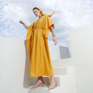 SIMPLICITY V-Neck Textured Kaftan Maxi Dress Yellow