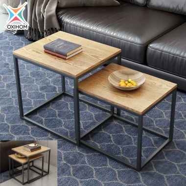 Oxihom Meja Tamu Meja Kopi Meja Ruang Tamu Meja Lesehan Kayu Besi 2 pcs F2801 Wood Grain