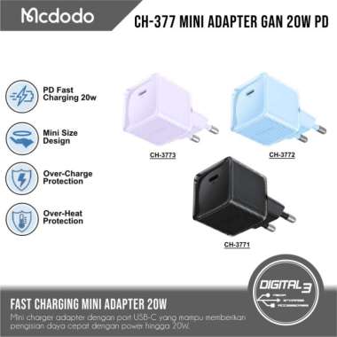 Mcdodo CH-377 Mini Dichromatic Adapter GAN USB-C PD 20W Wall Charger Hitam