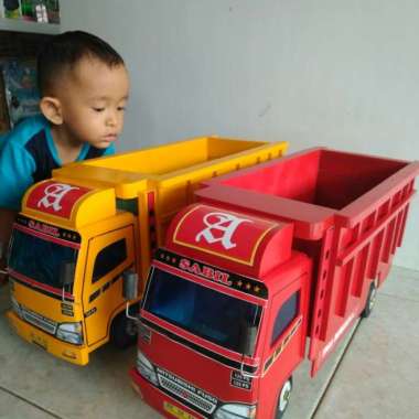 mobil truk oleng kayu miniatur truck mainan mobilan truk oleng Besar - Kuning Warna Merah