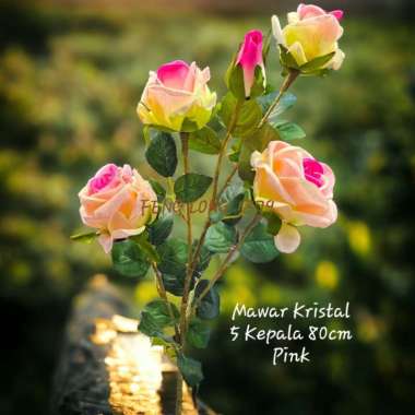 Hiasan Pajangan Bunga Mawar Kristal Plastik 80cm Sinchia Imlek 5 Kepala Pink