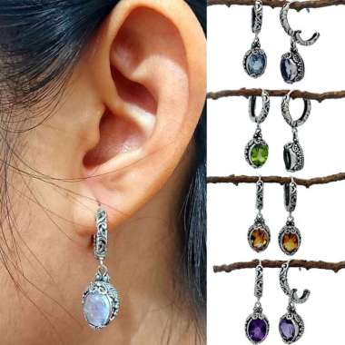 Anting Earrings Perak Silver Bali asli 925 Ukir Klip Batu Permata Natural wanita custom elegant Blue