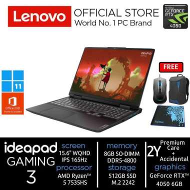 Lenovo Ideapad Gaming 3 JKID Laptop Gaming [Ryzen 5-7535HS/8GB/512GB SSD/RTX4050 6GB/15.6" IPS/Win 1