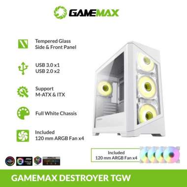 Casing PC Gamemax Destroyer Tempered Glass White Micro ATX Free 4fan RGB
