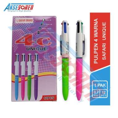 Aksesoren Pulpen 4 Warna Safari Unique 4C [1 Pack/12 Pcs] / Bolpen Warna Warni / ATK Alat Tulis Seko