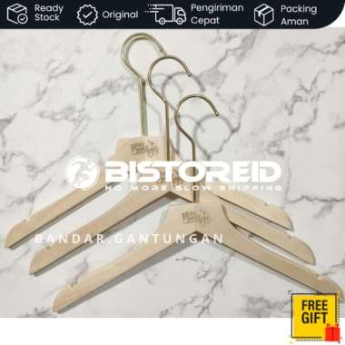 Hanger kayu Bisa Custom Logo Grafir Laser Gantungan Baju Estetik Hook Emas-Karet