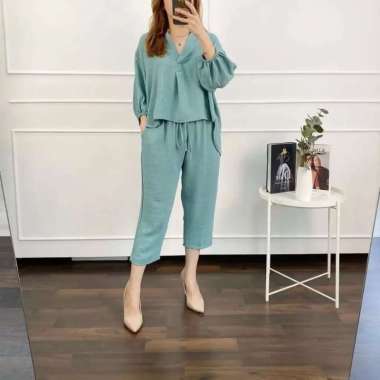 FBT Setelan Wanita Kekinian JEAN SET CRINKLE AIRFLOW DAPAT BLOUSE + CELANA PANJANG Oneset Korean Sty