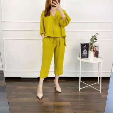 FBT Setelan Wanita Kekinian JEAN SET CRINKLE AIRFLOW DAPAT BLOUSE + CELANA PANJANG Oneset Korean Sty