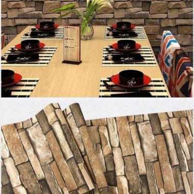 Wallpaper Stiker dinding ruang tamu batu alam corak coklat 3D