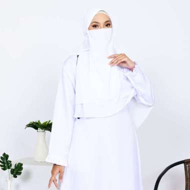 Jilbab Bergo Syari Azzahra Resleting Khimar + Free Cadar Niqab Satu Set Semua Ukuran Putih