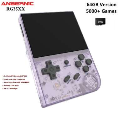 GROSIRUNIK99 ANBERNIC RG35XX 64GB Emulator Retro Game Console 3.5-inch IPS Screen Ungu