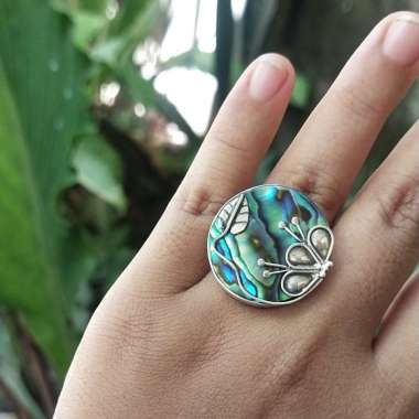 Cincin Ring Perak Silver Bali Asli 925 Bulat Kerang Power Paua Daun Lebar Wanita Pria Laki Etnik Cus