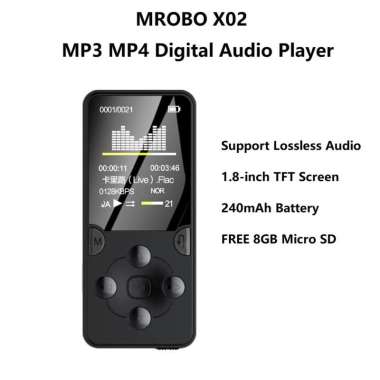 MROBO X02 - MP3 MP4 Digital Audio Player HiFi - Free 8GB Micro SD Hitam