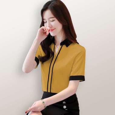 RENITA SS Blus Lengan Pendek Wanita Gaya Korea Variasi Krah Kemeja XL Kuning