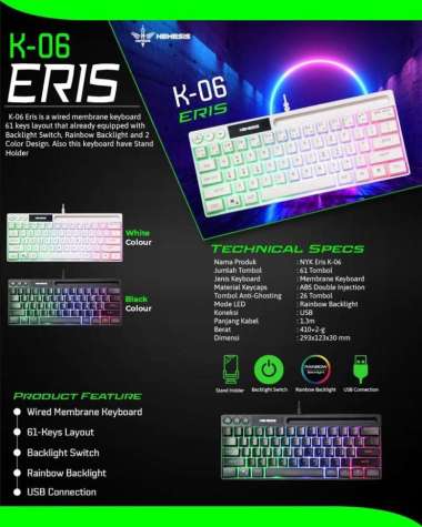 NYK Nemesis Eris K-06 RGB Keyboard Gaming Mini with Stand Holder Hitam